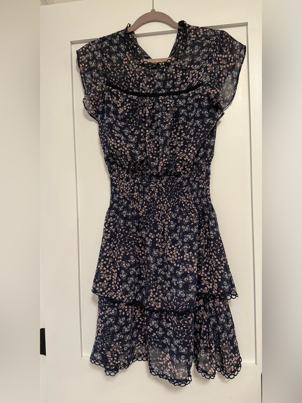 AQUA Navy Floral Ruffle Sleeve Dress XS